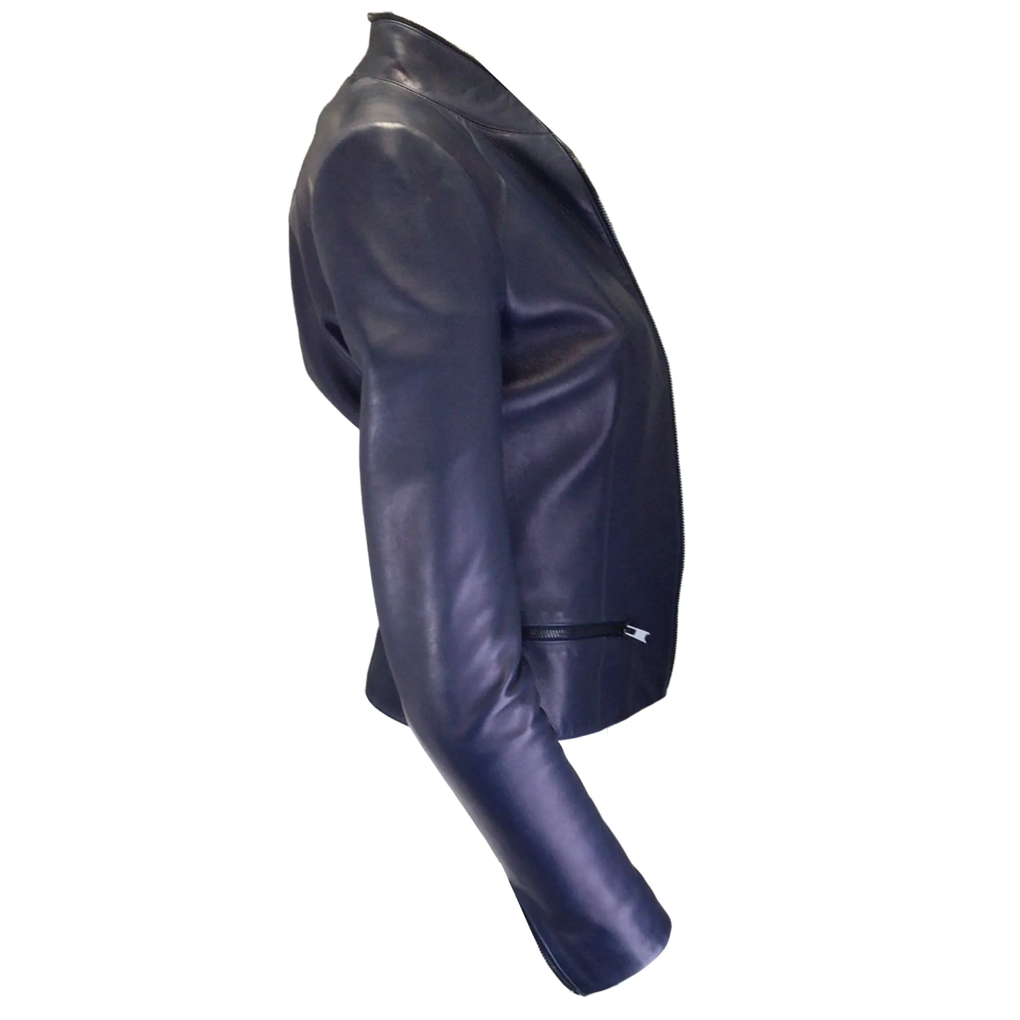 Alaia Navy Blue Full Zip Lambskin Leather Jacket