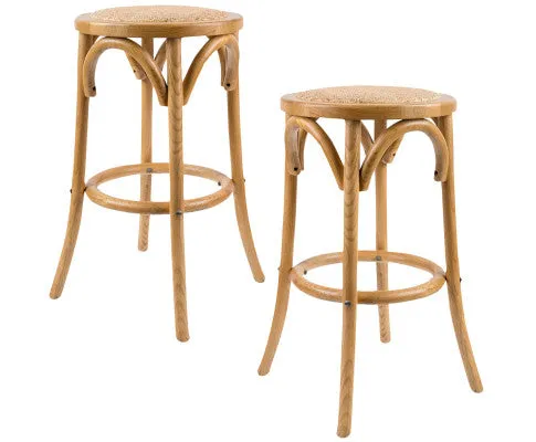 Aster 2pc Round Bar Stools Dining Stool Chair Solid Birch Timber Rattan Seat Oak