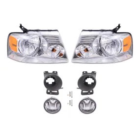 Brock Aftermarket Replacement Driver Left Passenger Right Headlights-Round Fog Lights-Fog Light Mounting Brackets 6 Piece Set Compatible with 2006-2008 Ford F-150