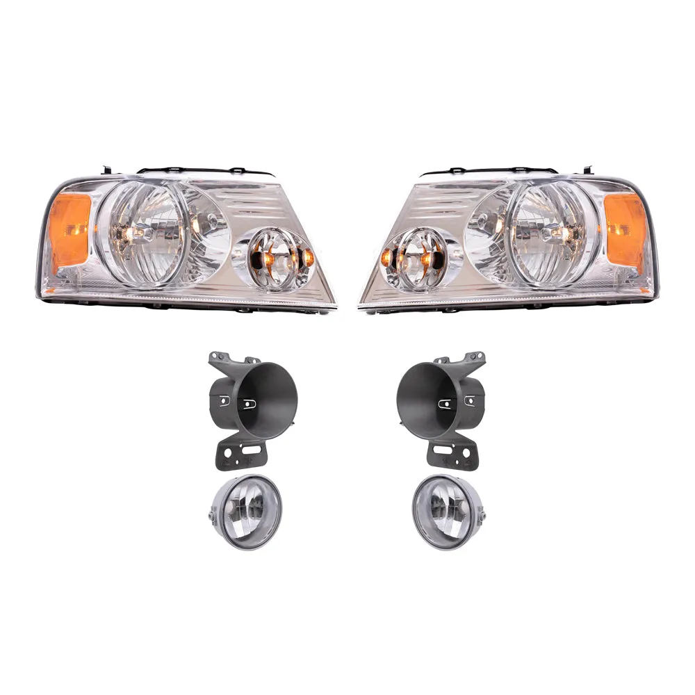 Brock Aftermarket Replacement Driver Left Passenger Right Headlights-Round Fog Lights-Fog Light Mounting Brackets 6 Piece Set Compatible with 2006-2008 Ford F-150