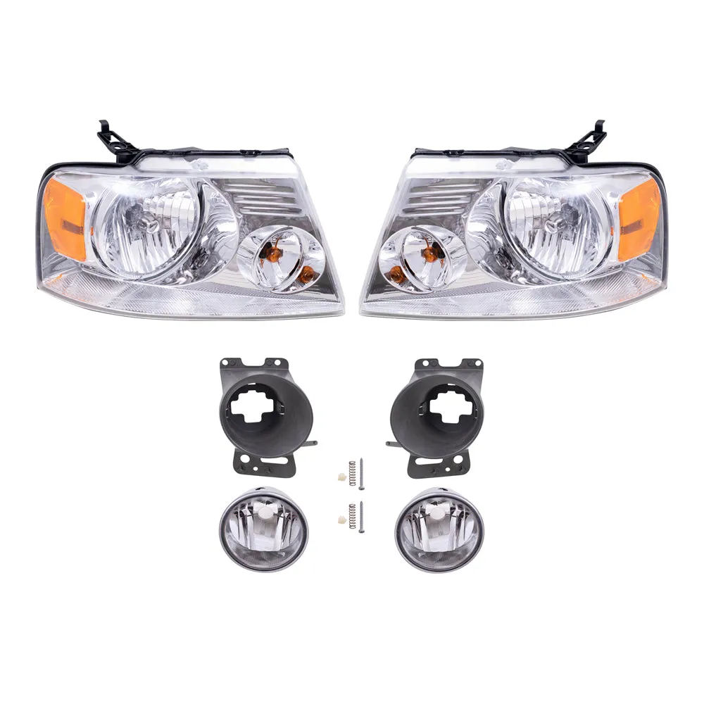 Brock Aftermarket Replacement Driver Left Passenger Right Headlights-Round Fog Lights-Fog Light Mounting Brackets 6 Piece Set Compatible with 2006-2008 Ford F-150