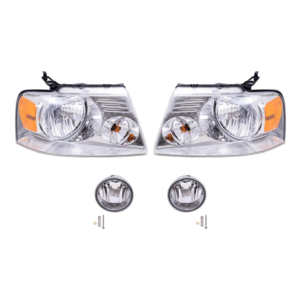 Brock Aftermarket Replacement Driver Left Passenger Right Headlights with Chrome Bezel and Round Fog Lights 4 Piece Set Compatible with 2006-2008 Ford F-150