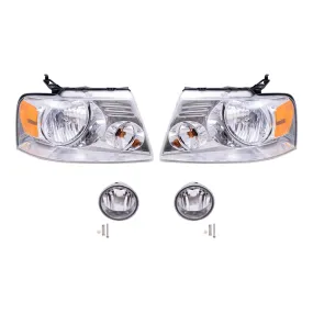 Brock Aftermarket Replacement Driver Left Passenger Right Headlights with Chrome Bezel and Round Fog Lights 4 Piece Set Compatible with 2006-2008 Ford F-150