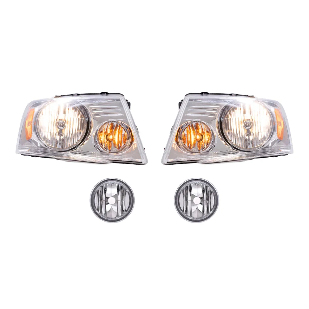 Brock Aftermarket Replacement Driver Left Passenger Right Headlights with Chrome Bezel and Round Fog Lights 4 Piece Set Compatible with 2006-2008 Ford F-150