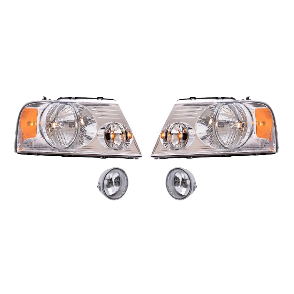 Brock Aftermarket Replacement Driver Left Passenger Right Headlights with Chrome Bezel and Round Fog Lights 4 Piece Set Compatible with 2006-2008 Ford F-150