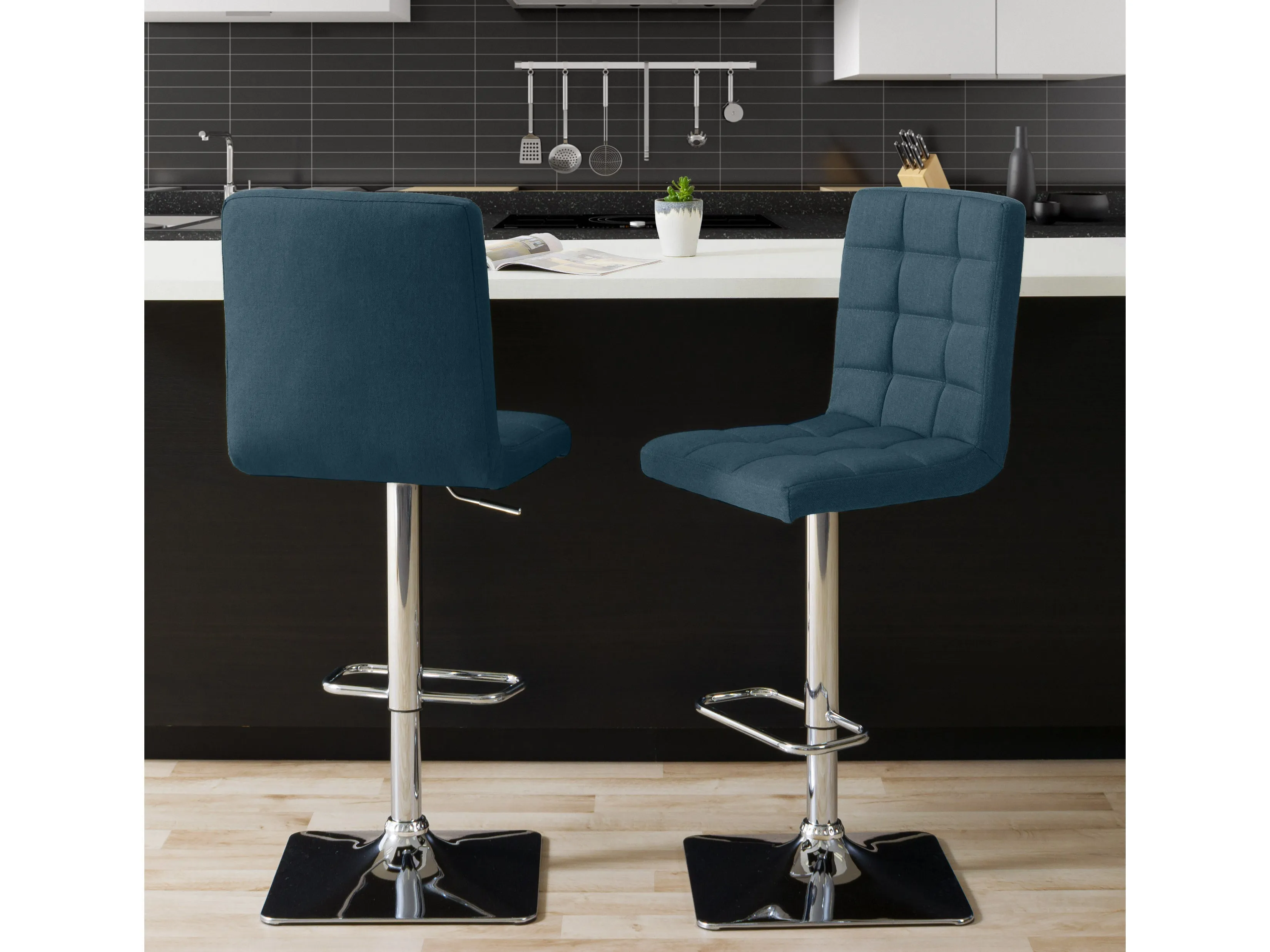 Dark Blue High Back Bar Stools, Set of 2