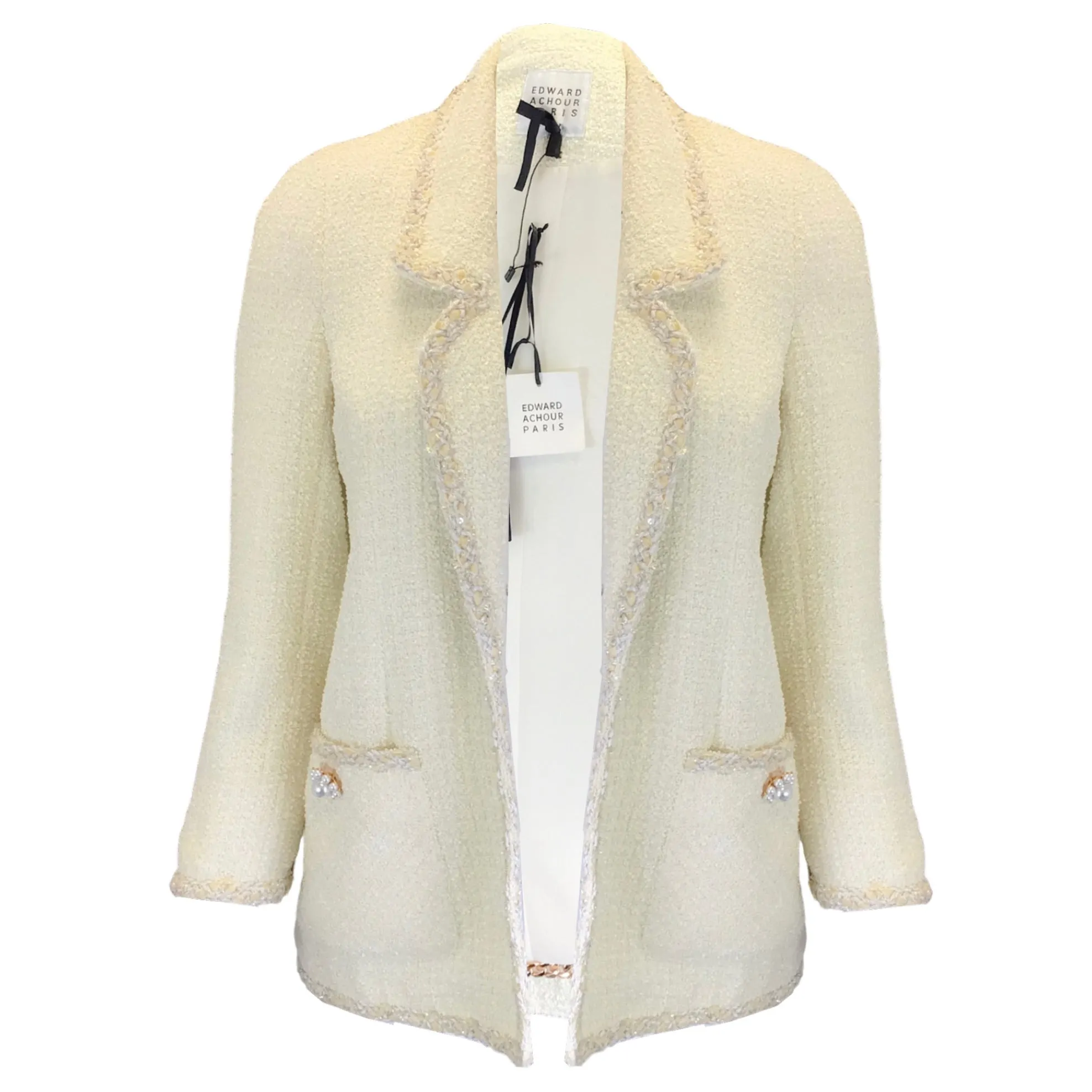 Edward Achour Ivory Pearl Embellished Boucle Tweed Jacket