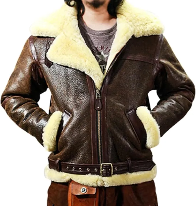 Genuine Sheep Leather Jacket Coat For Men Big B3 Shear-ling Bomber Merino Fur Jacket Super Warm