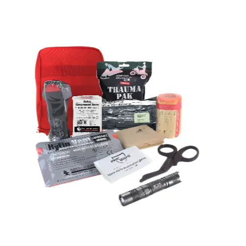 MediTac Premium IFAK Kit - Trauma Pak, CAT Tourniquet, HyFin Vent Chest Seal, Israeli Bandage with P12 Tactical LED Flashlight - Red