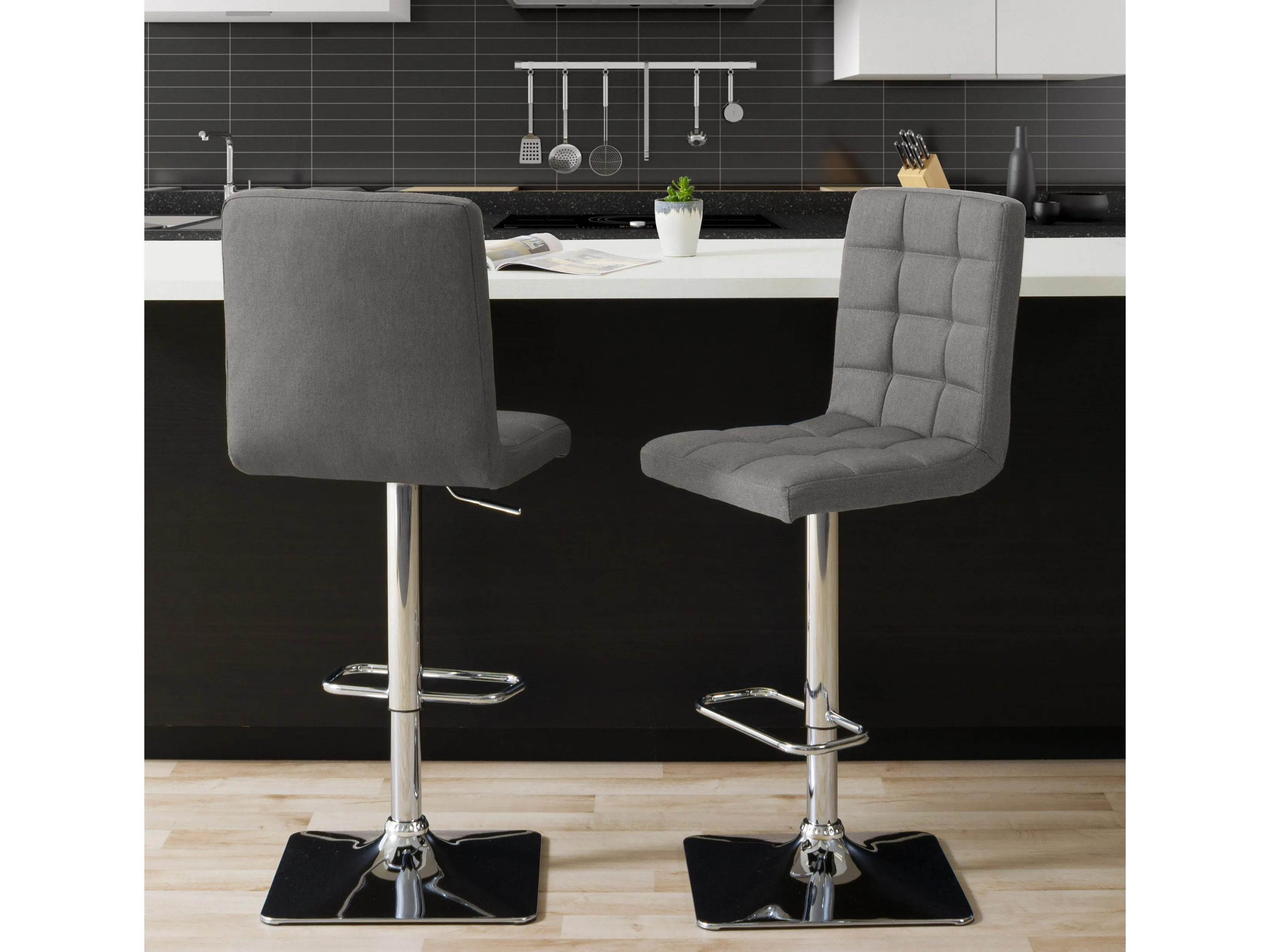 Medium Grey High Back Bar Stools, Set of 2