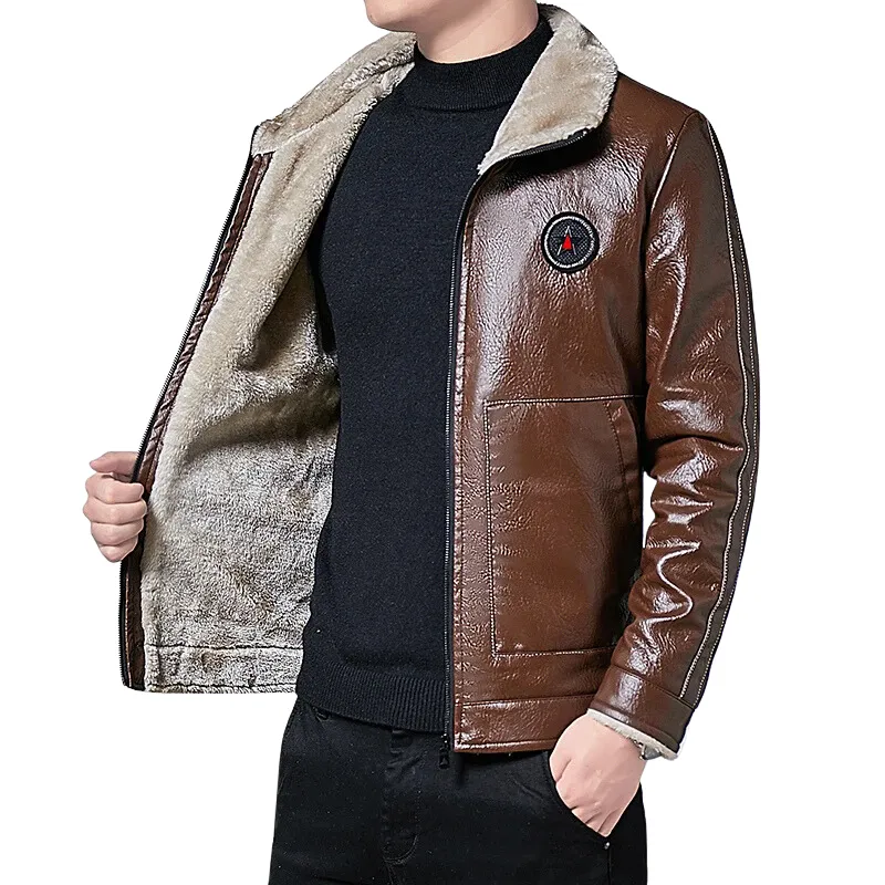 Men Fashion Leather Jacket Slim Fit fur Collar Jacket Male Motorcycle Zipper Jackets Men fleece and warm winter jackets