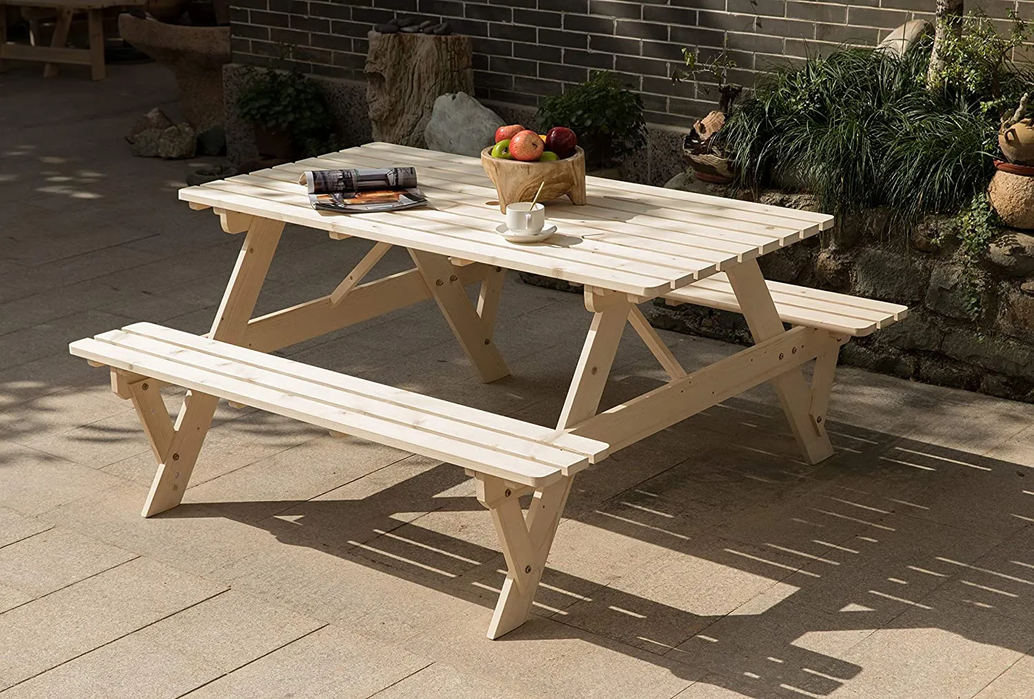 Natural Outdoor Wooden Patio Deck 6-Person Picnic Table, for Backyard, Garden