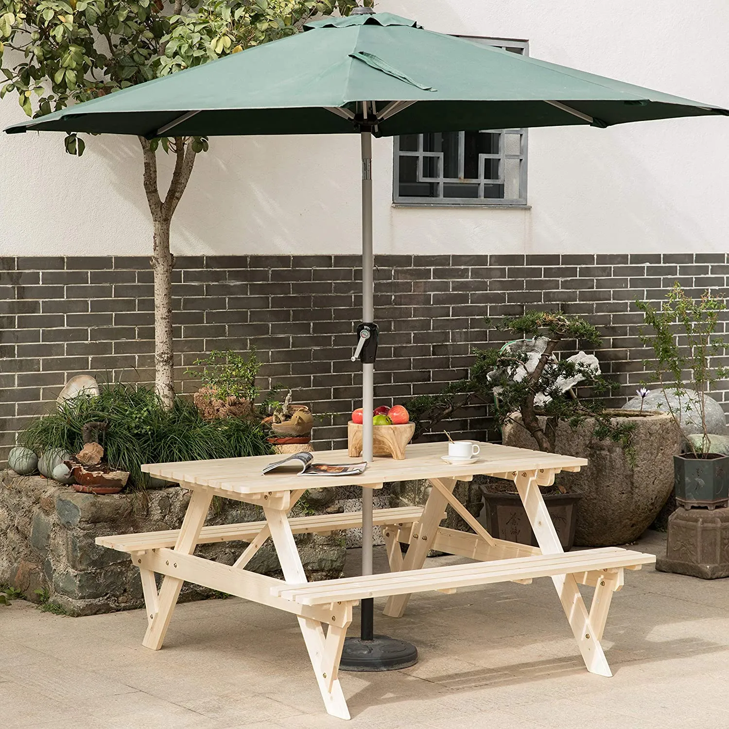 Natural Outdoor Wooden Patio Deck 6-Person Picnic Table, for Backyard, Garden