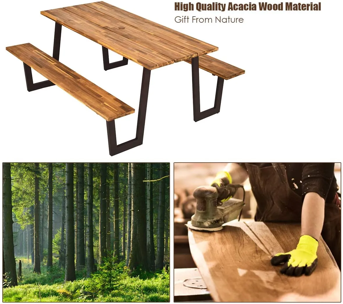 Picnic Table Bench Set with Umbrella Hole, Outdoor Dining Table Set, 70” Acacia Wood Picnic Beer Table with Metal Frame