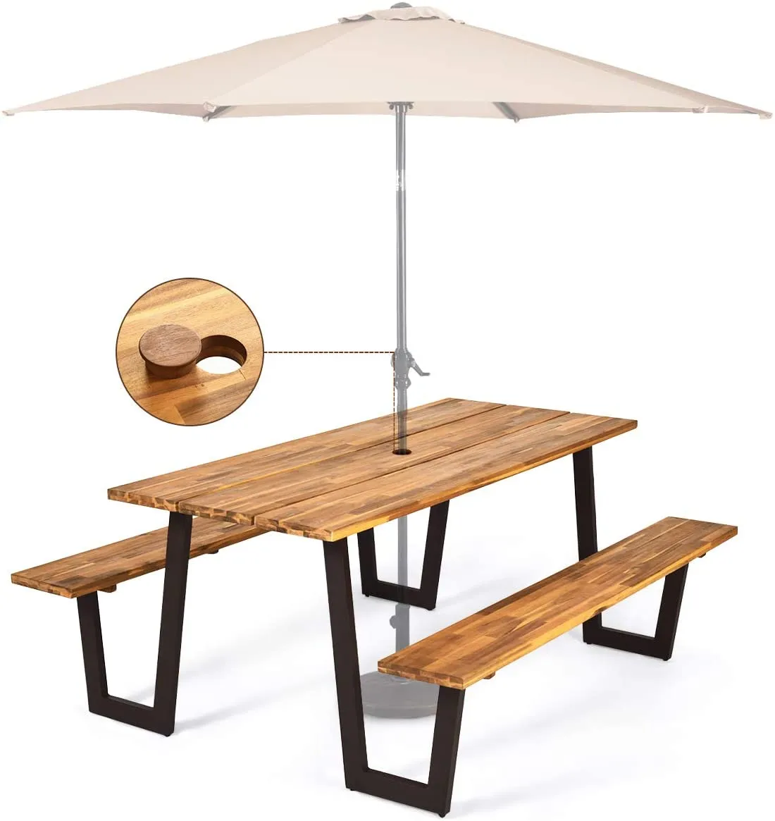 Picnic Table Bench Set with Umbrella Hole, Outdoor Dining Table Set, 70” Acacia Wood Picnic Beer Table with Metal Frame