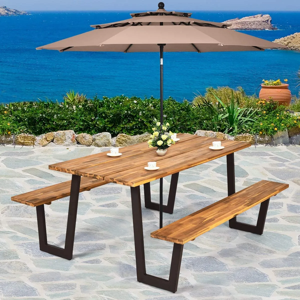 Picnic Table Bench Set with Umbrella Hole, Outdoor Dining Table Set, 70” Acacia Wood Picnic Beer Table with Metal Frame