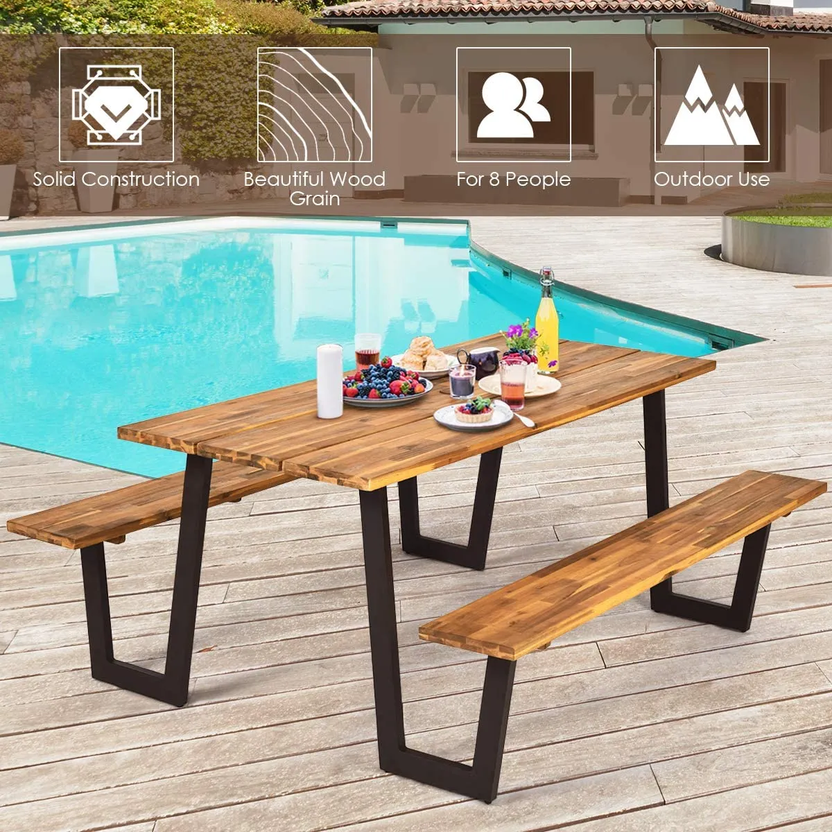 Picnic Table Bench Set with Umbrella Hole, Outdoor Dining Table Set, 70” Acacia Wood Picnic Beer Table with Metal Frame