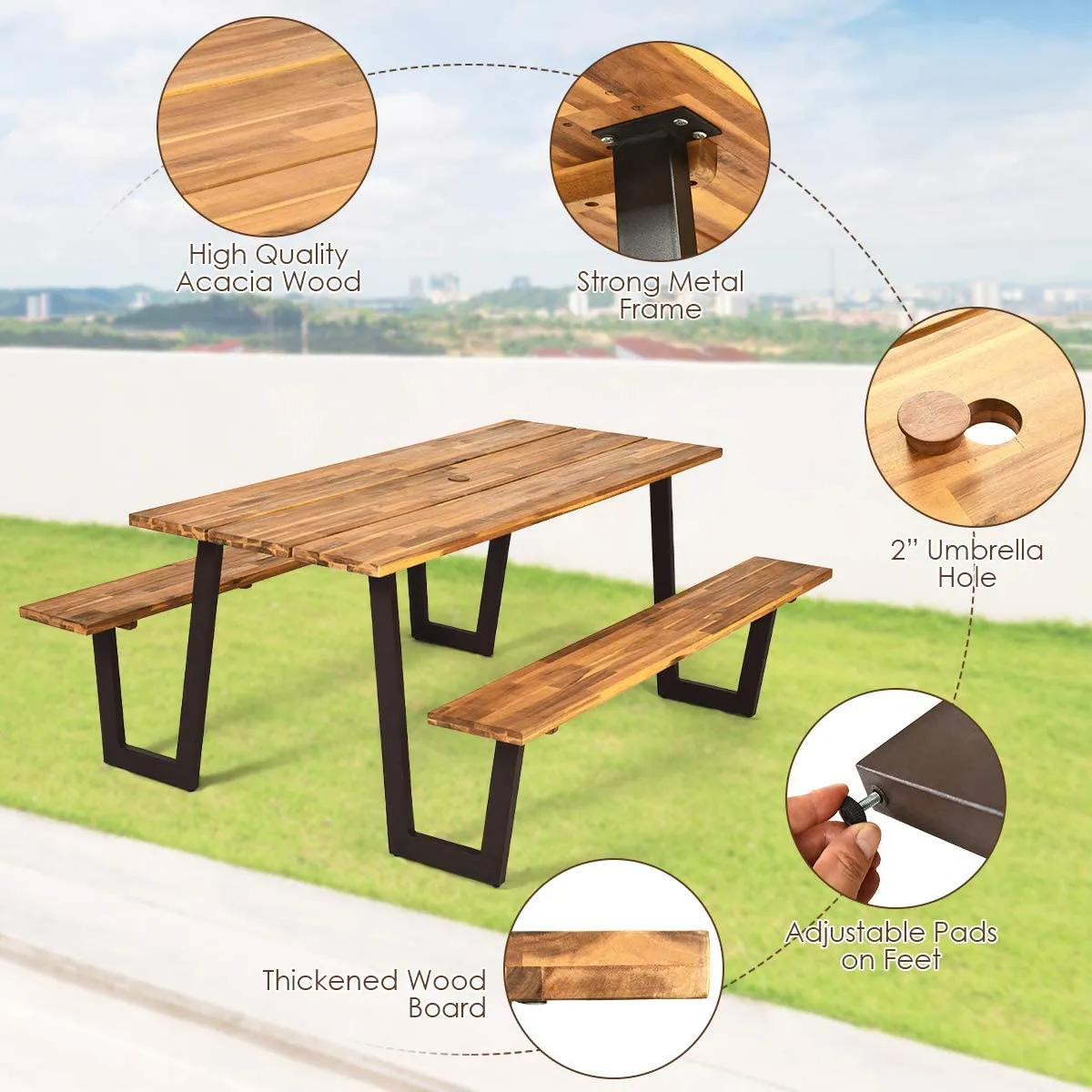 Picnic Table Bench Set with Umbrella Hole, Outdoor Dining Table Set, 70” Acacia Wood Picnic Beer Table with Metal Frame