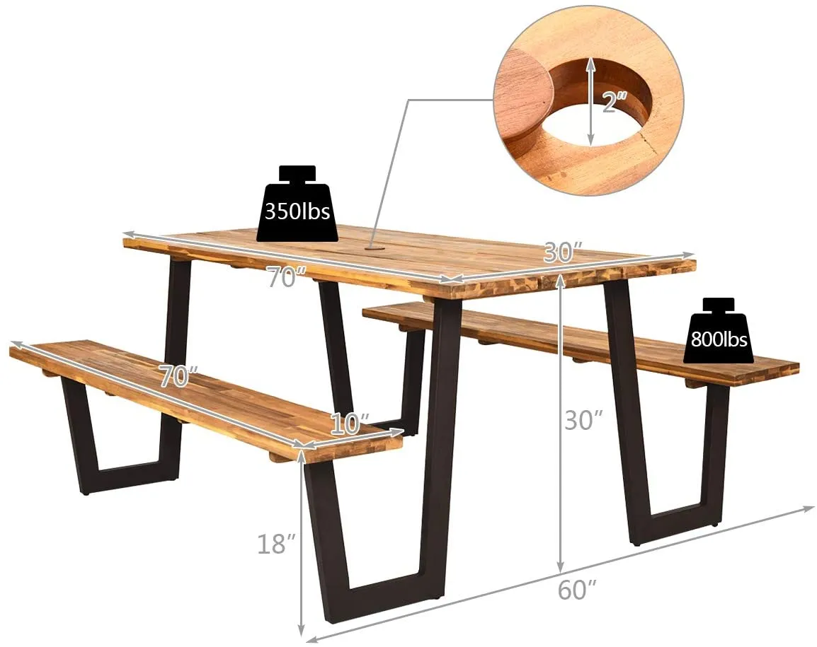 Picnic Table Bench Set with Umbrella Hole, Outdoor Dining Table Set, 70” Acacia Wood Picnic Beer Table with Metal Frame