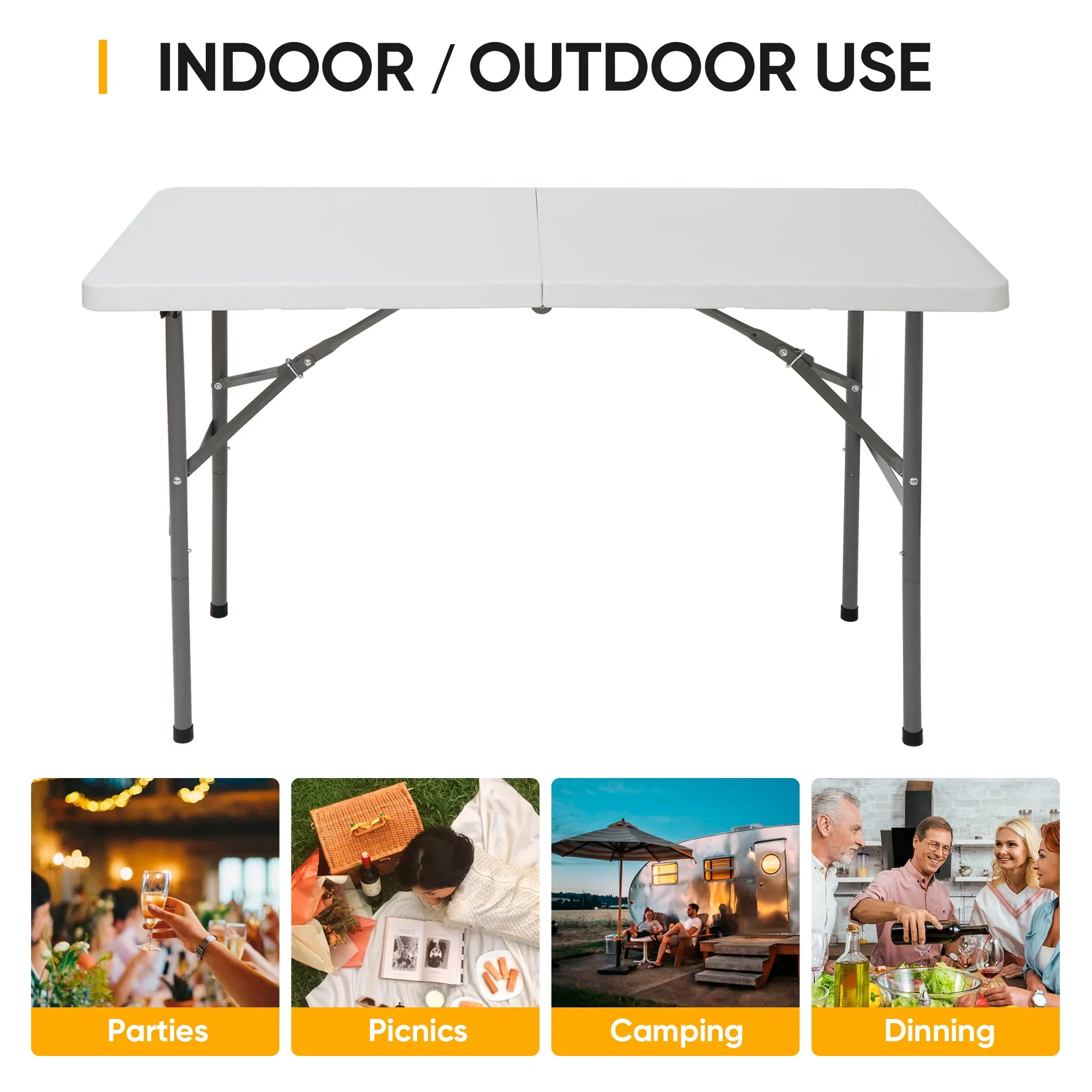 ZENY™ 4ft Portable Indoor Outdoor Heavy Duty Plastic Folding Table Picnic Table Fold-in-Half Utility Table w/Handle and Steel Legs，White