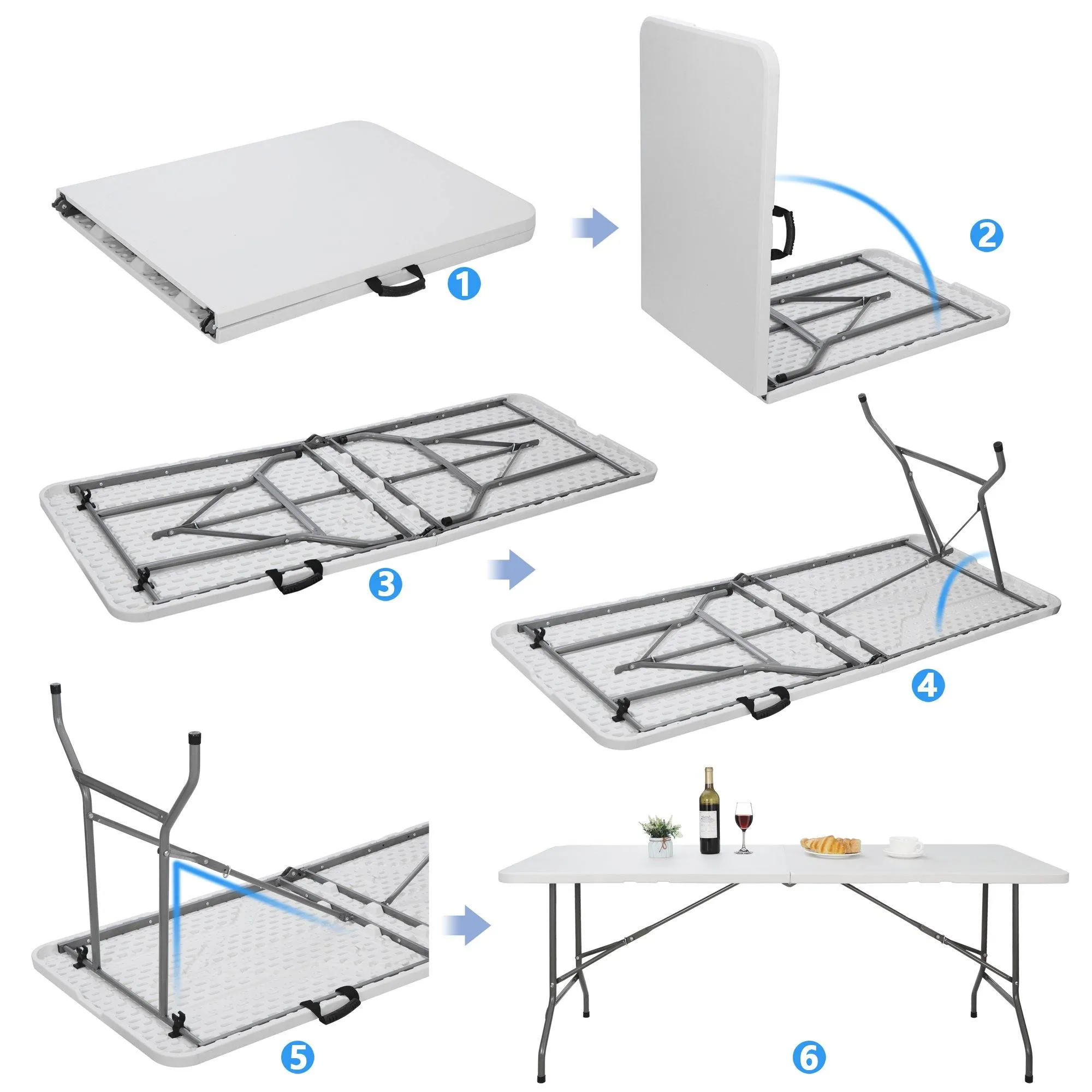 ZENY™ 6 ft Indoor Outdoor Heavy Duty Plastic Folding Table Portable Picnic Table Fold-in-Half Utility Table w/Handle and Steel Legs