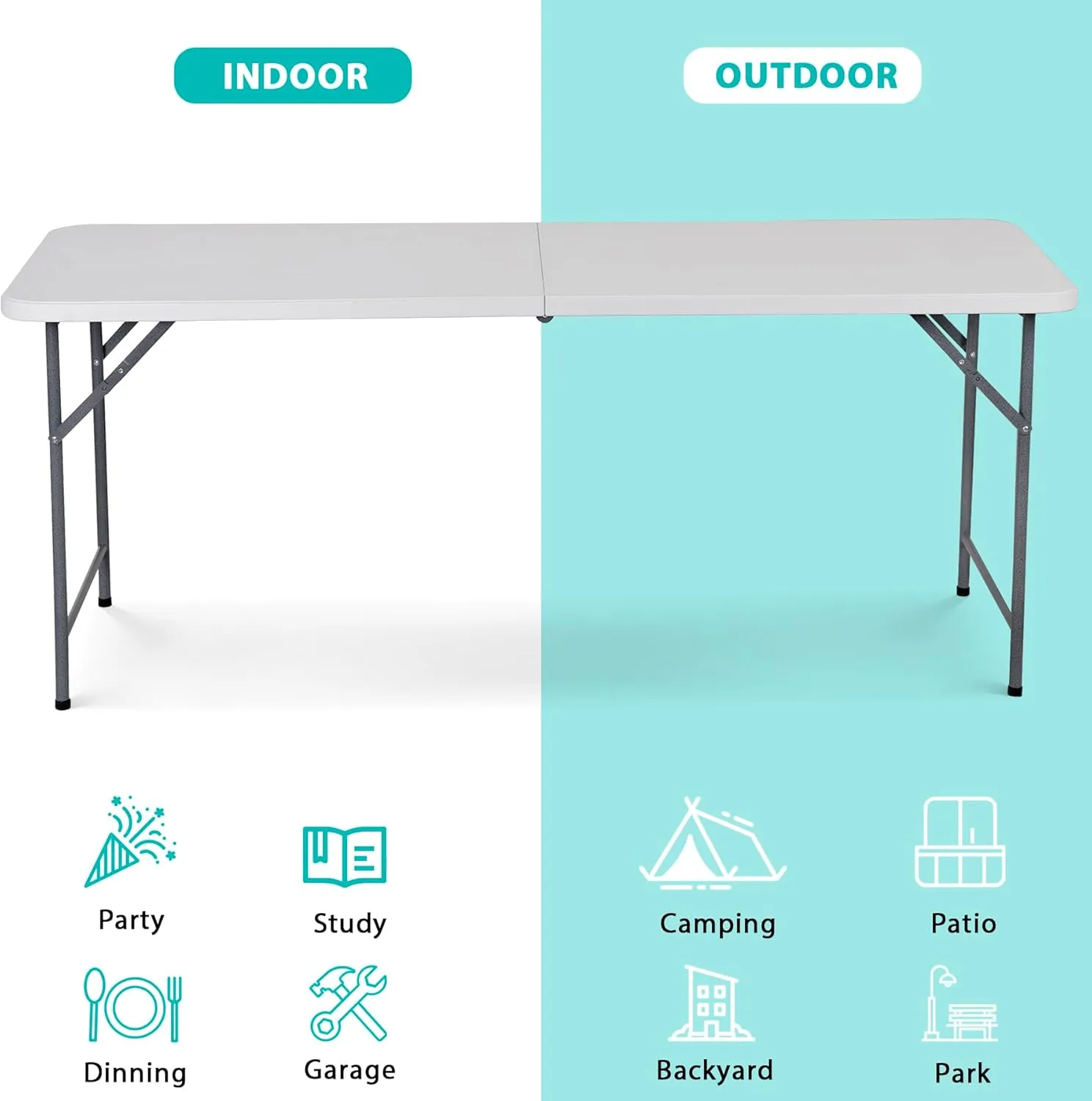 ZENY™ 6FT Folding Picnic Table for Outdoor, Portable Fold-in-Half Plastic Dining Picnic Party Table with Carrying Handle